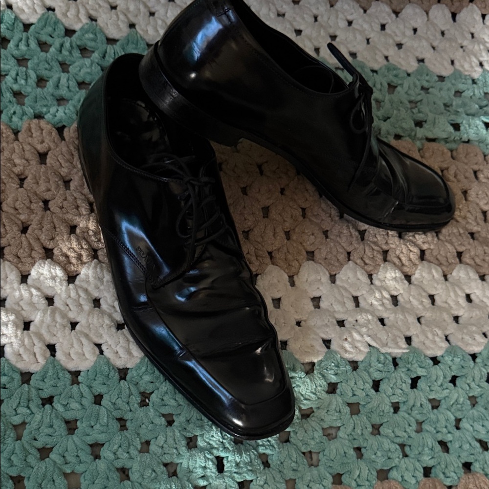 Prada Classic Black Square Toe Leather Derby Oxford Dress Shoes Mens 10.5 $1220